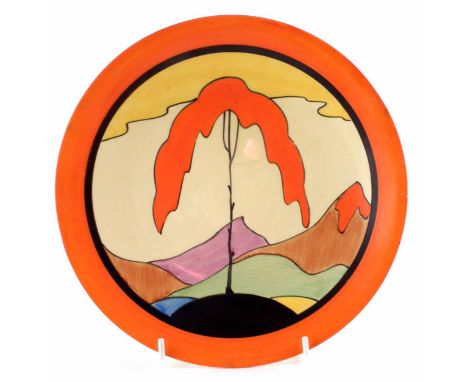 Clarice Cliff plate, decorated with Mountain pattern within orange and black border, 23cm diameter    Condition report: No da