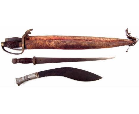 Pair of Chinese Hudiedao or butterfly swords, with carved rosewood grips, brass guards and pommels, and hide scabbards, toget