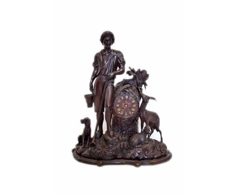 Victorian Black Forest mantel clock. Depicting goat-herd with hunting dog and ibex on mountainside. Eight-day movement striki