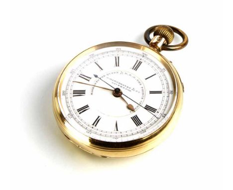 18ct gold chronograph open face pocket watch by J. Hargreaves &amp; Co, Liverpool, black roman numerals to face, makers to th