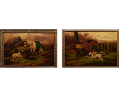 Robert Cleminson (1864-1903),  Ponies and dogs in rural settings, both signed, a pair, oil on canvas, 48.5 x 74cm, 19.25 x 29