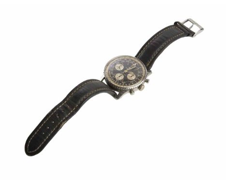 Gents’ vintage circa 1960’s Breitling Navitimer chronograph steel watch on leather strap, black and steel dial, three subsidi