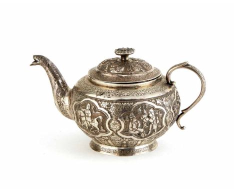 Small Persian silver teapot, round squat body, spout and handle chased with floral and foliate decoration, lid and cartouches