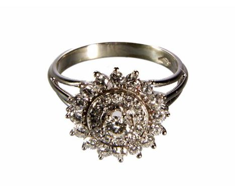 18ct white gold diamond cluster ring, centre diamond surrounded by halo of 12 claw set melee diamonds, surrounded by a cluste