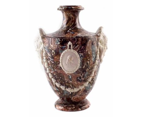 Neale & Co. Agate ware vase circa 1780, with twin mask handles supporting swags which surround a portrait medallion and flora
