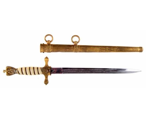 German Kriegsmarine Navy dagger, engraved blade, with gilded brass scabbard and mounts, eagle pommel perched on anchor and wr