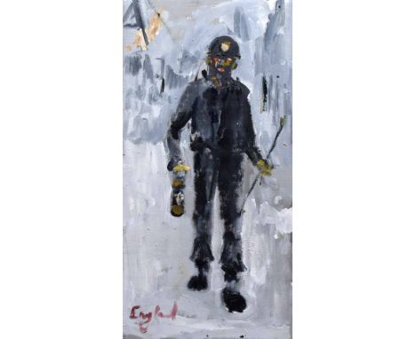 Frederick J. England (1939-),   "Safety Man, Davy Lamp Friend", signed, titled on verso, oil on panel, unframed, 56 x 28.5cm,