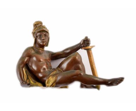 A Bronze Figure of the Roman God Mars, reclined, holding sword. 10 cm length.