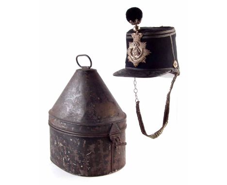 Victorian British Army Shako, with Bedford Light Infantry plate to front,  together with case named 'Fr. Chandler Esq.' the c