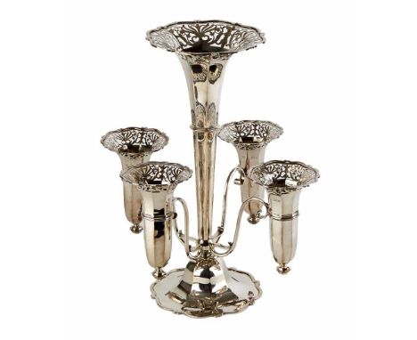 Edwardian silver epergne, plain faceted tapered body with flaired rim onto pedestal base with chippendale style border, pierc