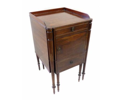 George III mahogany commode night table, galleried top above single false drawer, single cupboard and draw out commode, all s