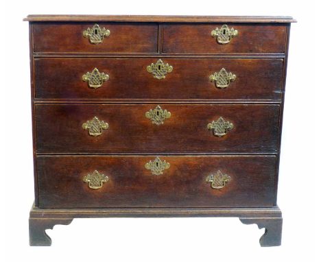 George III oak chest of two short and three long graduated drawers, rectangular top with ogee mould, drawers with cock beadin
