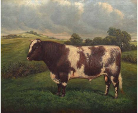 William Albert Clark (fl.1906-1937), "Moorland Chieftain" - portrait of a Shorthorn bull, signed and dated 1919, titled on gi