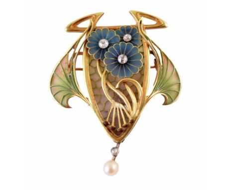Late 19th century art nouveau plique-a-jour yellow gold pendant brooch, the classic art nouveau design comprising 3 diamond a