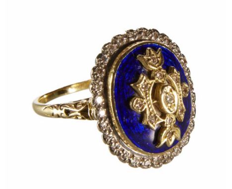 Blue enamel and diamond oval cluster 18ct gold ring, applied diamond set section to domed blue enamel centre, oval diamond se