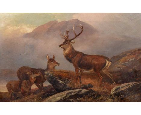 Clarence Henry Roe (British, 1850-1909),   A red stag and hinds in a mountainous landscape, signed, oil on canvas, 49 x 75.5c