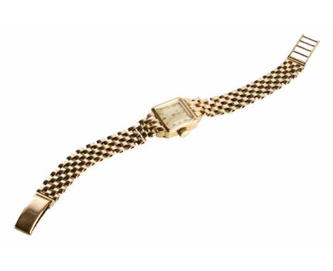 A ladie's vintage Rolex Precision 9ct gold bracelet watch, square white dial, Arabic numerals with batons between, yellow gol