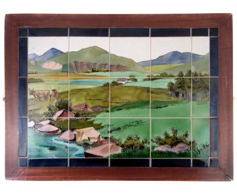 Framed T&R Boote  framed tile panel set, depicting Highland cattle in a mountainous landscape, within wood frame, moulded mar