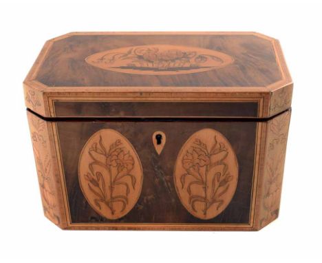 A late 19th century satinwood veneered hardwood tea caddy. With inlaid floral motifs. 12.5 x 19.5 x 11.5 cm.     CR: Lid is s