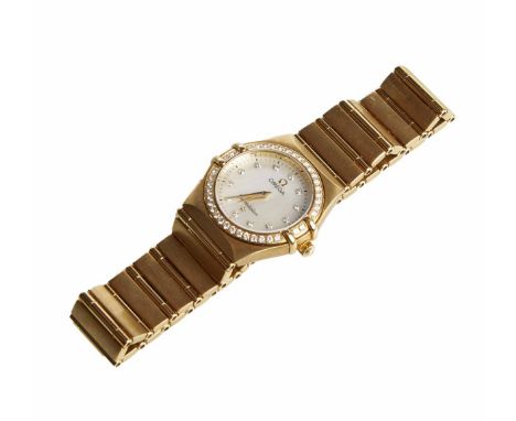 Ladies’ Omega Constellation 18ct gold wristwatch, diamond dot mother of pearl dialwith diamond bezel surround, case size 26mm