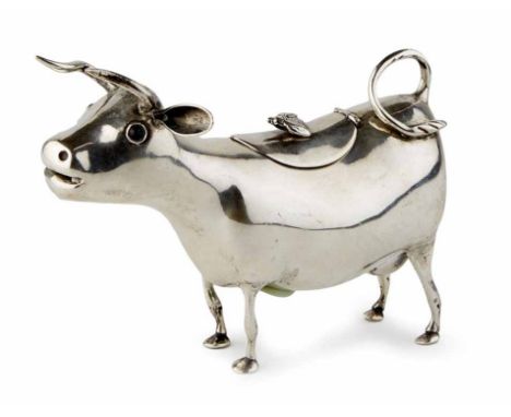 19th century Dutch silver cow creamer with dark red glass eyes, bumblebee finial to hinged lid, 13cm long, 10cm high, weight 