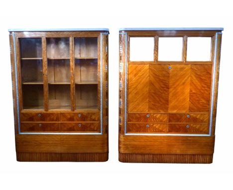 A pair of continental Biedermeier style side cabinets of art deco design, one with three glazed doors covering two shelves ab