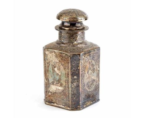 Persian silver tea caddy, rectangular body with truncated corners, chased floral and foliate decoration, each side with centr