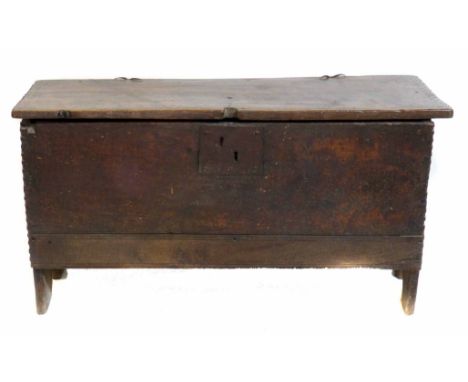 17th century oak six plank chest, top and front panel with chip carving, wire hinges, external steel lock with strap latch mi