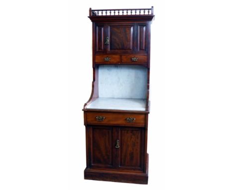 Edwardian mahogany wash stand, labelled Willan & Co. Liverpool, pediment with gallery above single cupboard and two short dra