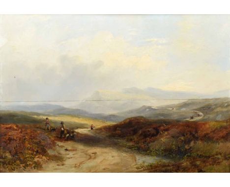 James Wilson Carmichael (1800-1868),  Moorland scene with figures on a road and shooting party in the foreground, signed and 