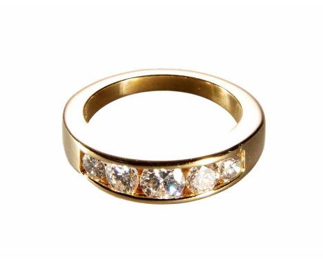 18ct yellow gold five stone diamond ring, five brilliant cut diamonds channel set to 18ct yellow gold band, total diamond wei