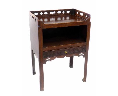 Mid 19th century George III style night table, galleried top above shelf with single drawer, decorated with key pattern, blin