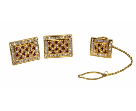 Pair of diamond and ruby set 18ct gold cufflinks and tie tack set, the rectangular shaped cufflinks and tie tack channel set 