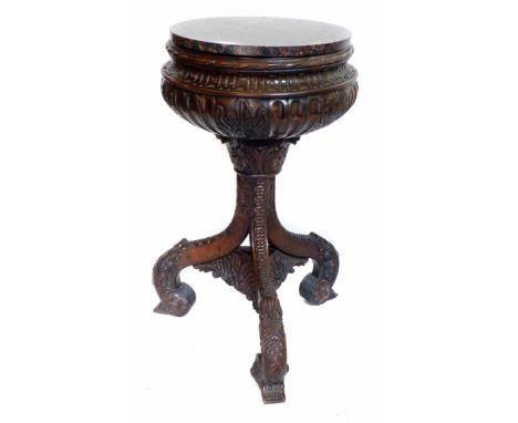 Anglo Indian hardwood planter, Campania shaped top, supported on three swept legs with moulded lotus leaf decoration (modern 