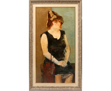 SARKIS SARKISIAN, (1909-1977), OIL ON MASONITE, H 44", L 24" PORTRAIT OF A WOMANDepicting a seated woman wearing a hat with a