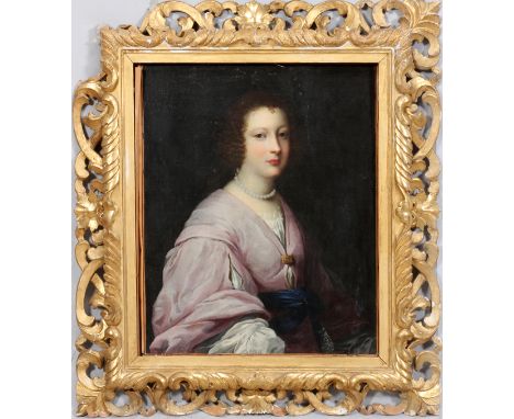 OLD MASTER OIL ON CANVAS PORTRAIT OF LADY, H 30", W 24"Elegant lady wearing pearls and wearing violet costume with blue sash.