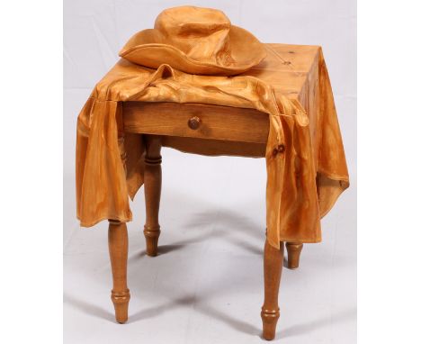 LIVIO DIMARCHI (ITALIAN, B. 1943), WOOD SCULPTURE, TABLE WITH HAT, H 29", W 23", D 23"Signed and dated (2/70 or 2/20).Crack i