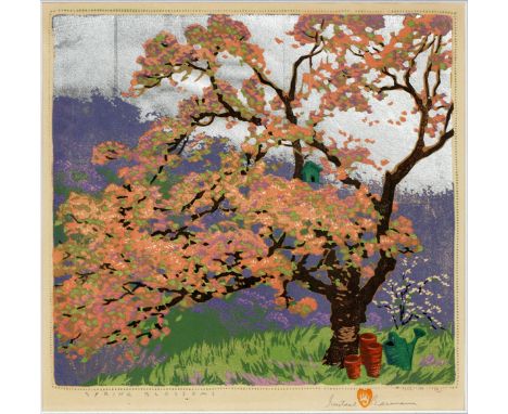 GUSTAVE BAUMANN, (AMERICAN, 1881-71) COLOR WOODCUT, H 13 1/4", W 13" SPRING BLOSSOMSColor woodblock print, "Spring Blossoms,"