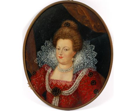 PORTRAIT MINIATURE OF MARIA DE' MEDICI, OIL ON COPPER, H 9 1/4" L 7 1/2",After Scipione Pulzone (Neapolitan, 1544-1598) or Fr