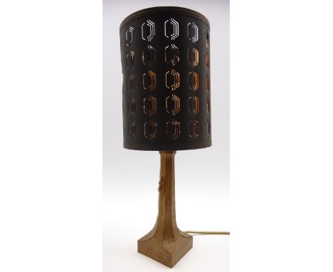 Thompson of Kilburn 'Mouseman' oak table lamp with pierced cylindrical shade and carved mouse signature H26cm (excluding fitt