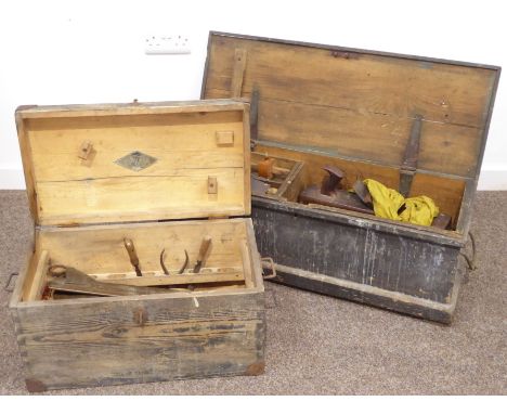 19th century pine tool chest containing joiners tools, cross saws, block plane, ax etc. (W86cm, H31cm, D31cm) and a similar b