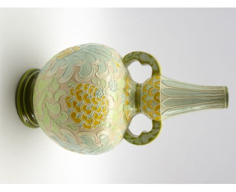 Burmantofts Faience two handled vase with an incised floral design in yellow, pale green and blue etc H35cm Condition Report 