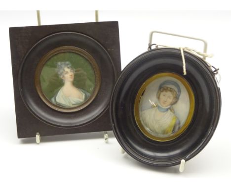 Half length miniature portrait of a lady, circular, bears signature Plimer, another of a lady in bonnet, oval, labelled verso