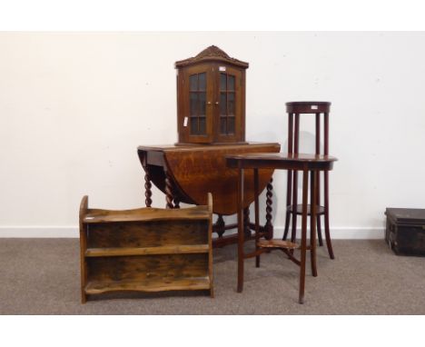 20th century oak barley twist drop leaf occasional table, oval moulded top, gate leg action (W89cm) together with an Edwardia