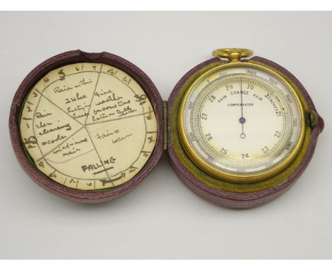 Compensated pocket barometer with compass to the reverse with gilt metal case and outer leather case D6cm Condition Report & 