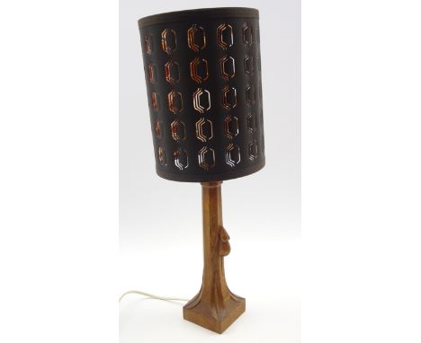 Thompson of Kilburn 'Mouseman' oak table lamp with pierced cylindrical shade and carved mouse signature H30cm (excluding fitt