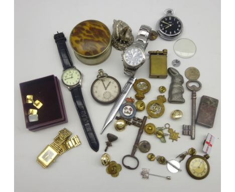 Silver covered model of a swan, pocket and wrist watches, Casanova lighter, badges etc Condition Report & Further Details Cli