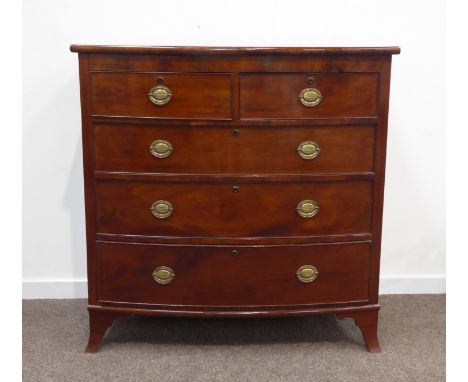 Victorian mahogany bow front chest, two short and three long graduating drawers, splayed bracket feet, W111cm, H112cm, D58cm 