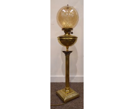 Early 20th century converted brass Corinthian column oil table lamp with spherical cut glass shade, H87cm  Condition Report &