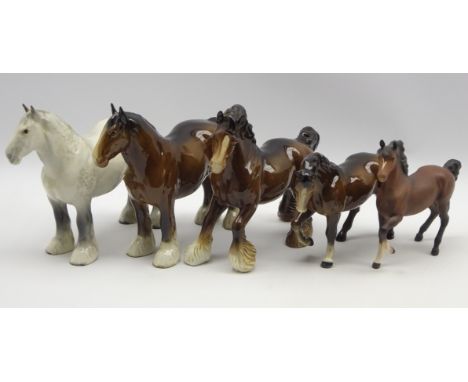 Two Beswick shire mares in brown and grey gloss No. 818, brown cantering shire No. 975 and 2 other Beswick brown horses   Con